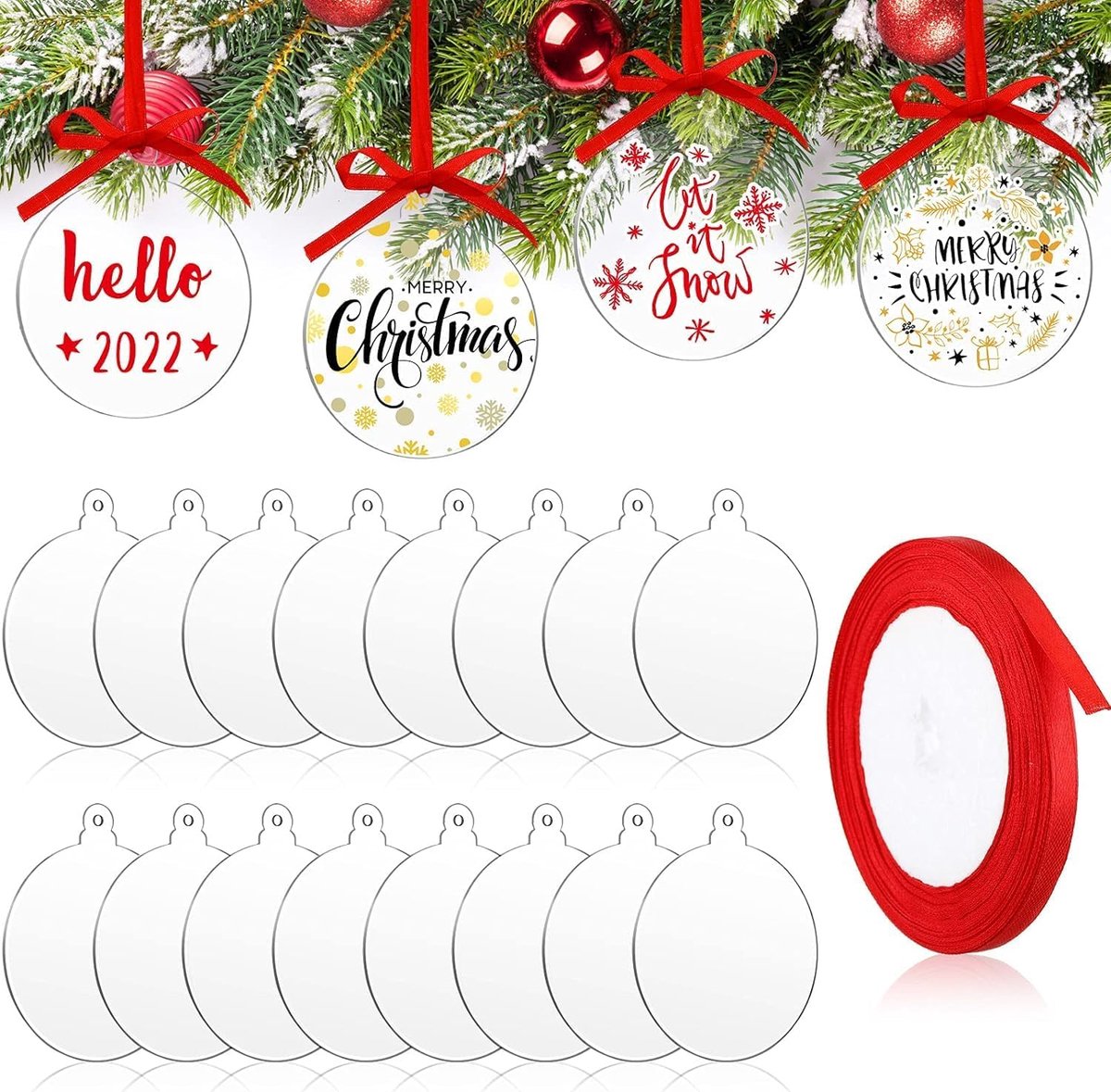 60 stuks kerstballen doorzichtige acryl schijf ornamenten, 7,6 cm ronde acryl kerstornamenten blanco platte kerstballen met gaten en rood lint voor kerstboom feest opknoping decoratie