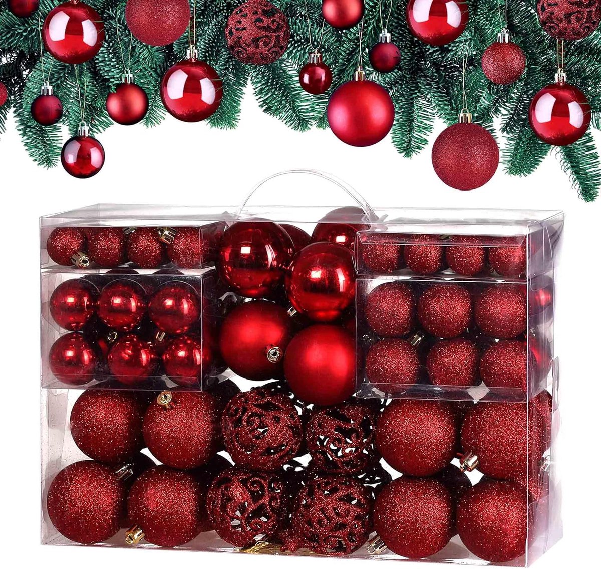 Kerstballen Set - Rode Breekvrije Kerstversiering - Kunststof Hangende Kerstballen - Veelzijdige Kerstboom Decoratie - Feestelijke Sfeer voor Binnen en Buiten - 100 Stuks