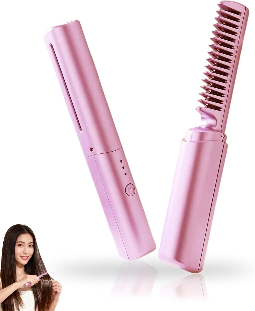 Nieuwste haarkam, draadloze stijl- en krultang, 2-in-1 snel verwarmende haarstylingtool, draagbare stylingtool voor alle haartypes (roze)