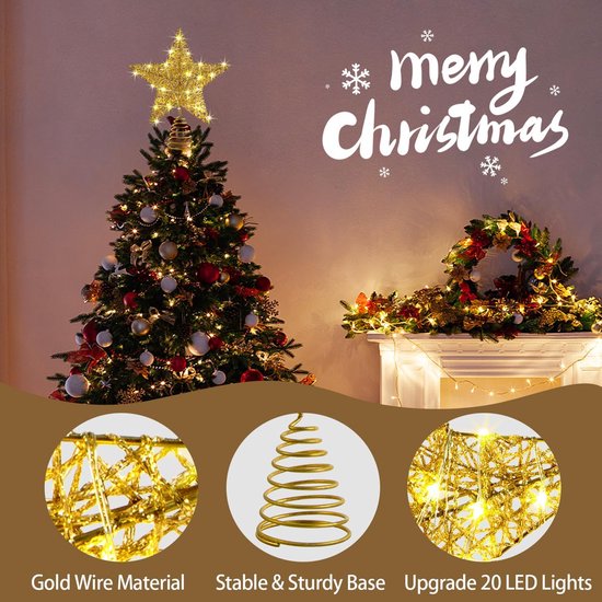 Gouden draadmateriaal kerstboom piek ster met 20 LED lampjes, stabiele basis en sprankelend effect.