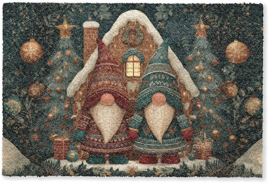 Deurmat 90x60 cm - Droogloopmat Kerst - Gnomen - Peperkoekhuisje - Rood - Groen - Mat voor binnen - Schoonloopmat - Deurmatten met print - Inloopmat