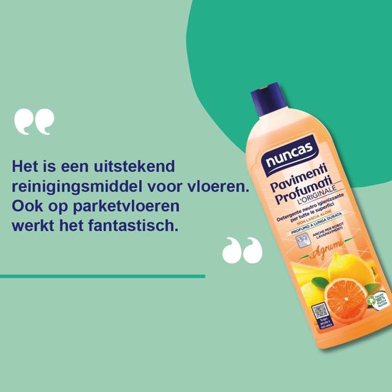 Fles Nuncas vloeistof, die geschikt is voor parketvloeren. Citaat: "Het is een uitstekend reinigingsmiddel voor vloeren."