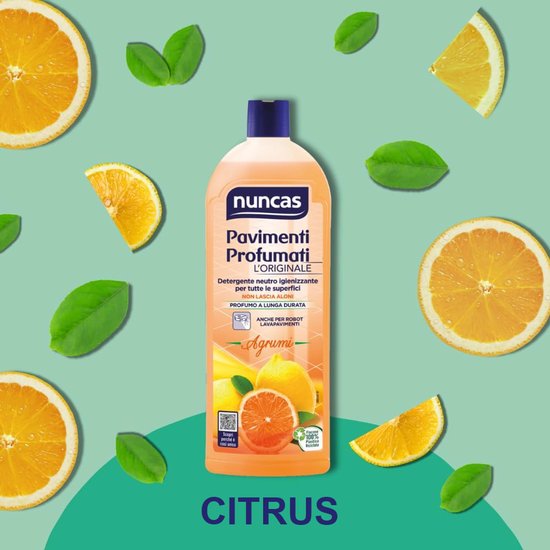 Nuncas vloeistof met citroen- en sinaasappelschijfjes en bladeren op een groene achtergrond. "CITRUS" staat onderaan.