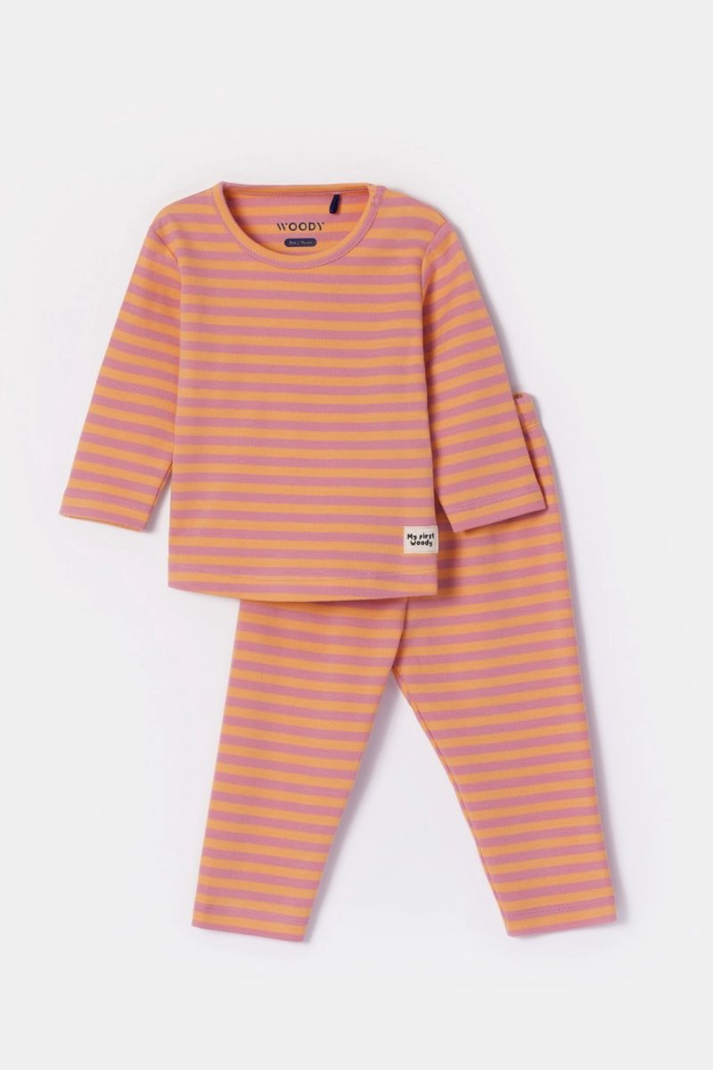Woody pyjama baby unisex - roze/oranje gestreept - 252-10-BPB-Q/947 - maat 68