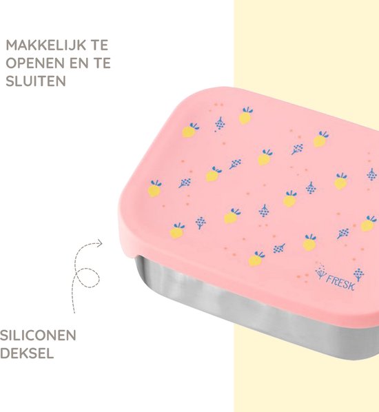 Roze broodtrommel met zomerfruitprint en siliconen deksel, makkelijk te openen.