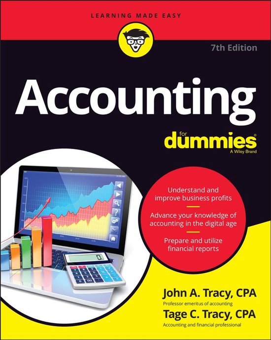 Boek "Accounting for Dummies" 7e editie met op een laptop grafieken, staafdiagrammen en een rekenmachine.