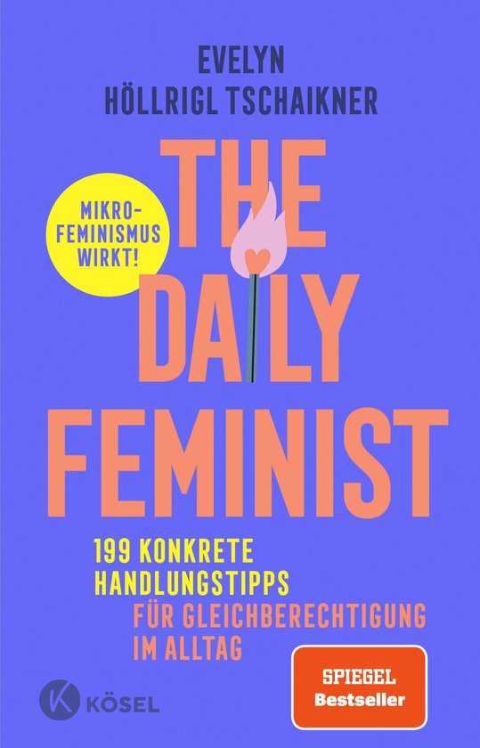 Boek 'The Daily Feminist' met oranje en gele tekst op paarse achtergrond. "Mikro-feminismus wirkt!"