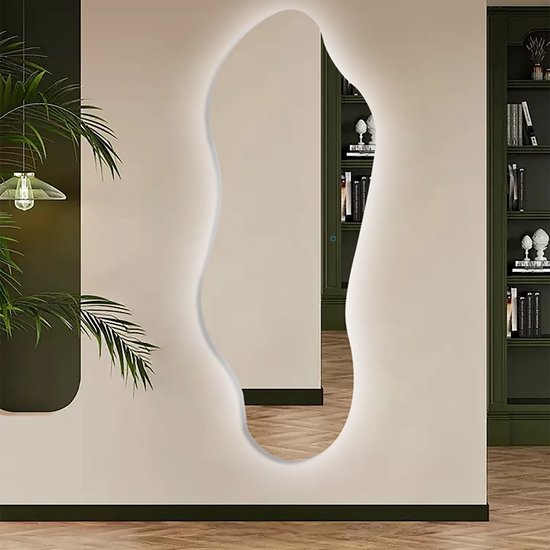Miroir sur pied avec éclairage LED et chauffage 56x150cm - Afimona Verda - Sans cadre - Miroir mural pour salle de bain et salon - Forme organique - Commande tactile - Dimmable - Couleur de lumière réglable