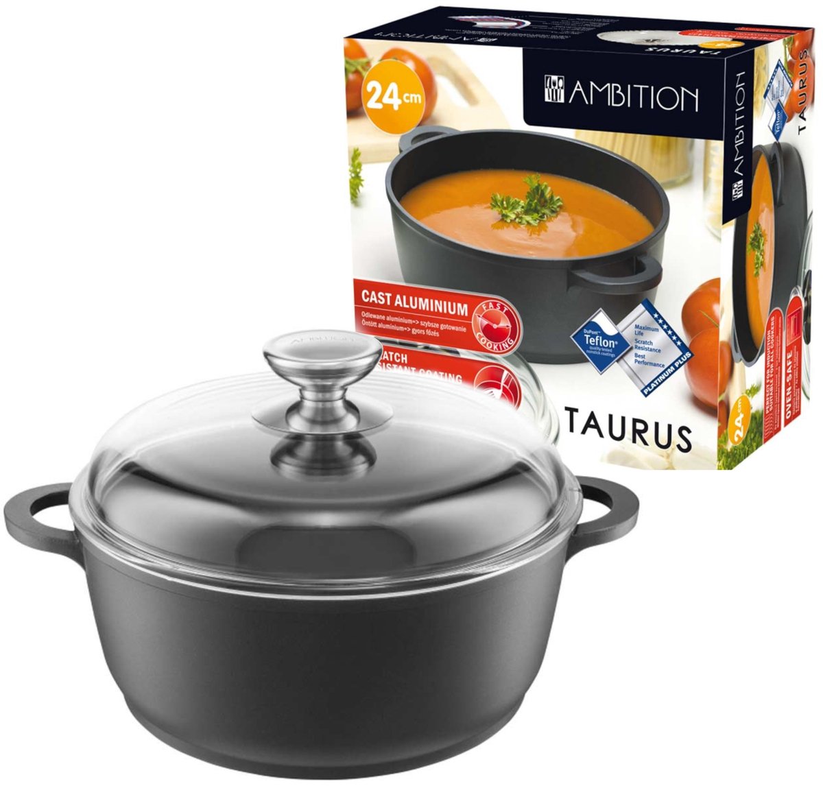 Ambition Taurus Pan met Deksel - 24 cm, 4.2L, Inductie, Ovenbestendig