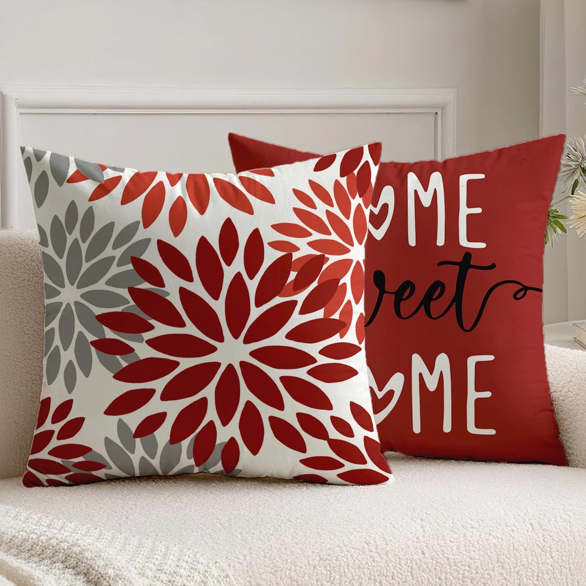 Unyqoos Set van 2 decoratieve kussenslopen met dahlia-ontwerp voor binnen en buiten rood