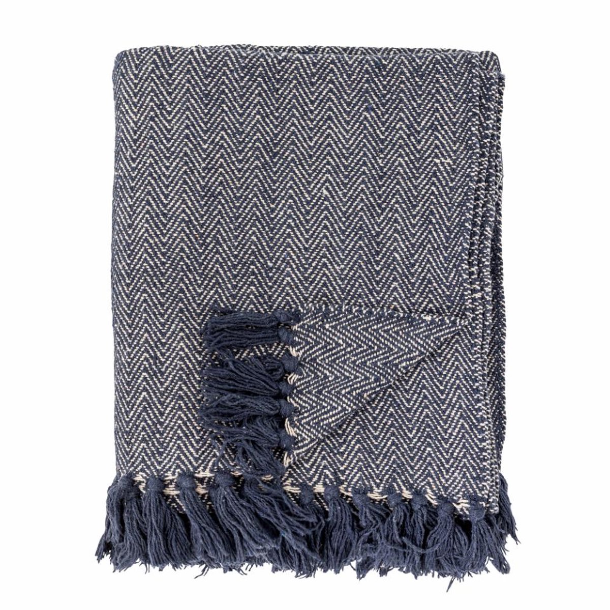 Bloomingville Visgraat Plaid Blauw - Gerecycled katoen - 130x160 cm donkerblauw