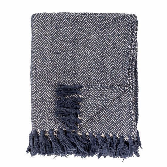 Bloomingville - Visgraat Plaid Blauw - Gerecycled katoen - 130x160 cm