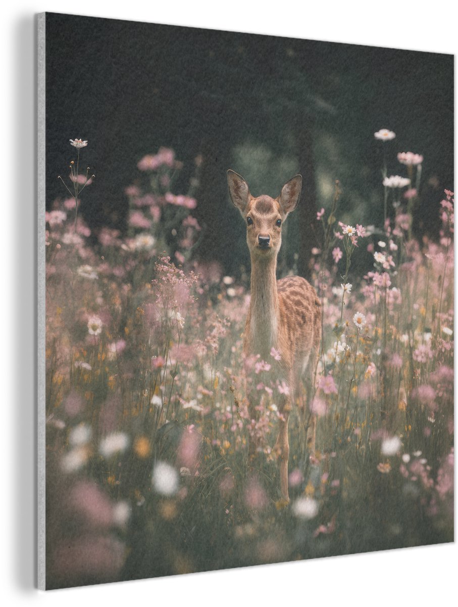 Akoestisch wandpaneel 90x90 cm - Vilt schilderij Hert - Wilde bloemen - Bos - Akoestische panelen - Geluidsdempende wanddecoratie - Geluidsisolatie woonkamer - Muurdecoratie geluidspanelen