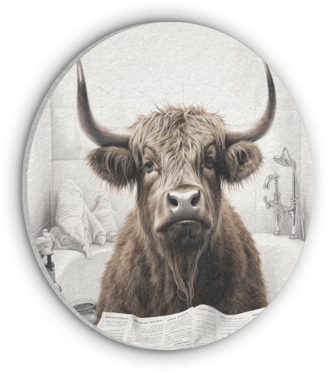 Akoestisch wandpaneel rond 30x30 cm - Vilt schilderij Schotse hooglander - Badkuip - Badkamer - Krant - Ronde akoestische panelen - Geluidsdempende wanddecoratie - Geluidsisolatie wandcirkel - Muurdecoratie geluidspanelen