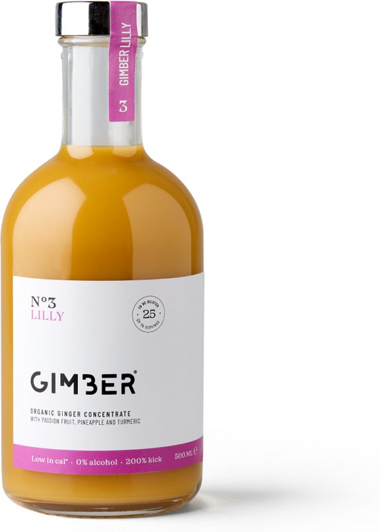 GIMBER N°3 Lilly Biologisch gemberconcentraat - 500 ml - alcoholvrije biologische drank van een mengsel van gember, passievrucht, ananas en kurkuma.