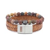 Milez - Armband set mannen - armband heren leer kralen - Cognac - Maat M