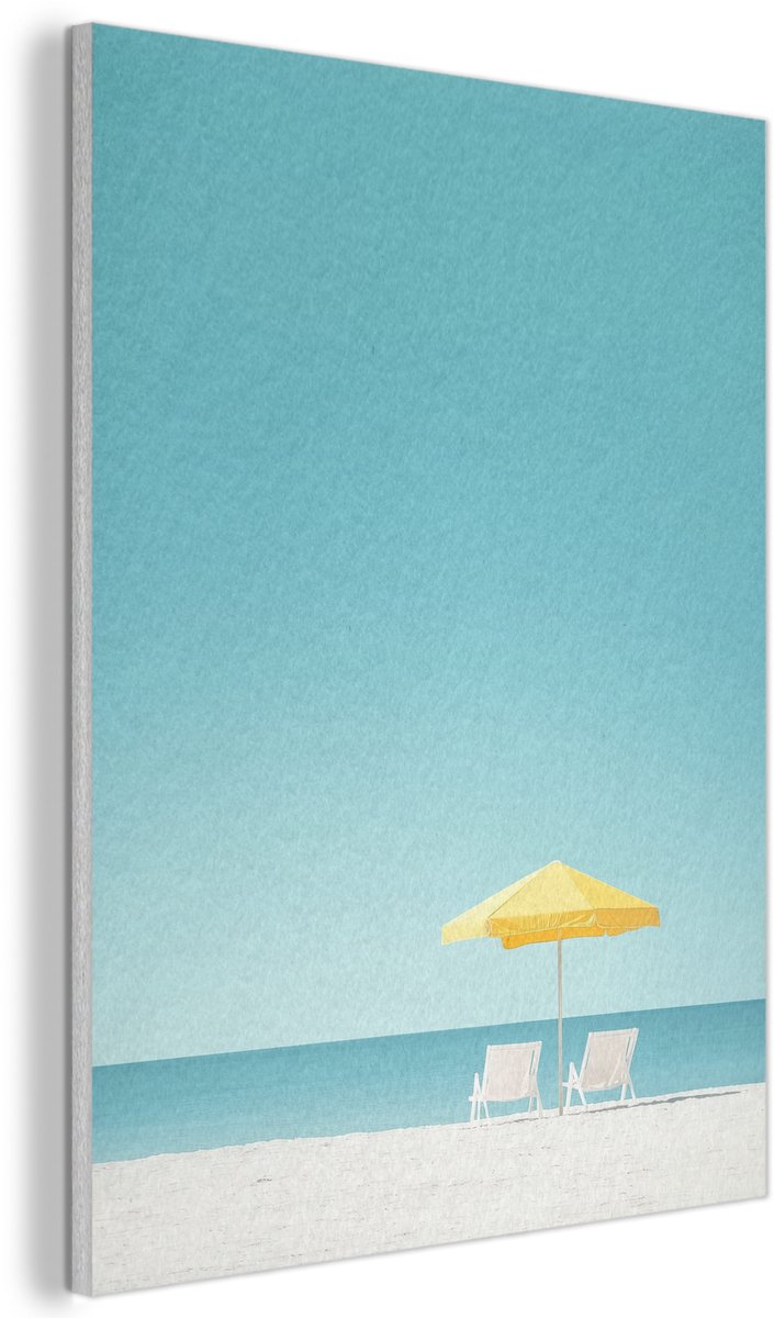 Akoestisch wandpaneel 50x70 cm - Vilt schilderij Strand - Blauwe lucht - Geel - Parasol - Akoestische panelen - Geluidsdempende wanddecoratie - Geluidsisolatie woonkamer - Muurdecoratie geluidspanelen
