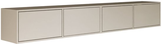 Vue latérale d'un meuble TV suspendu à quatre abattants en gris cachemire.