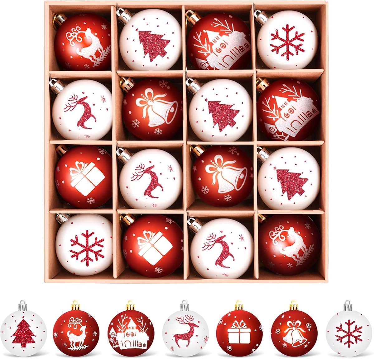 Witte & Rode Kerstballen Set - 6 cm Breekvrije Kunststof Kerstversiering - Kant-en-klare Hangende Kerstboom Decoratie - Feestelijke Sfeer voor Binnen - 16 Stuks