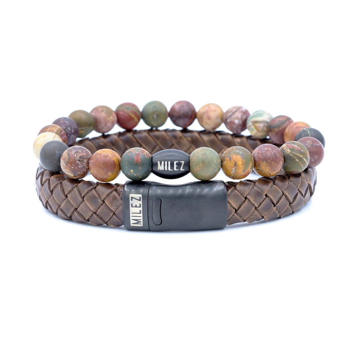 Milez - Armband set mannen - armband heren leer kralen - Bruin/multi - Maat L