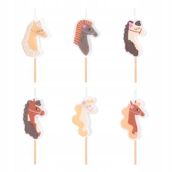 Set van zes paardenkaarsjes op houten stokjes met diverse kleuren en manen.