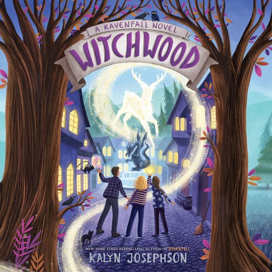 Boekomslag Witchwood: A Ravenfall Novel toont drie kinderen die toverkracht gebruiken bij een magisch hert en draak.