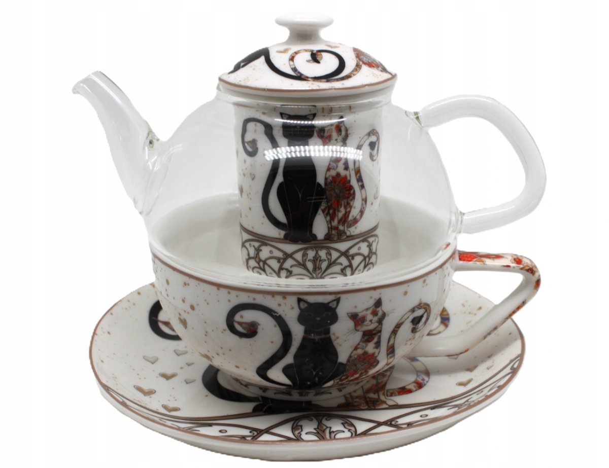 Koningin Isabell Tea for One Set - Porseleinen Kop & Theepot met Katten