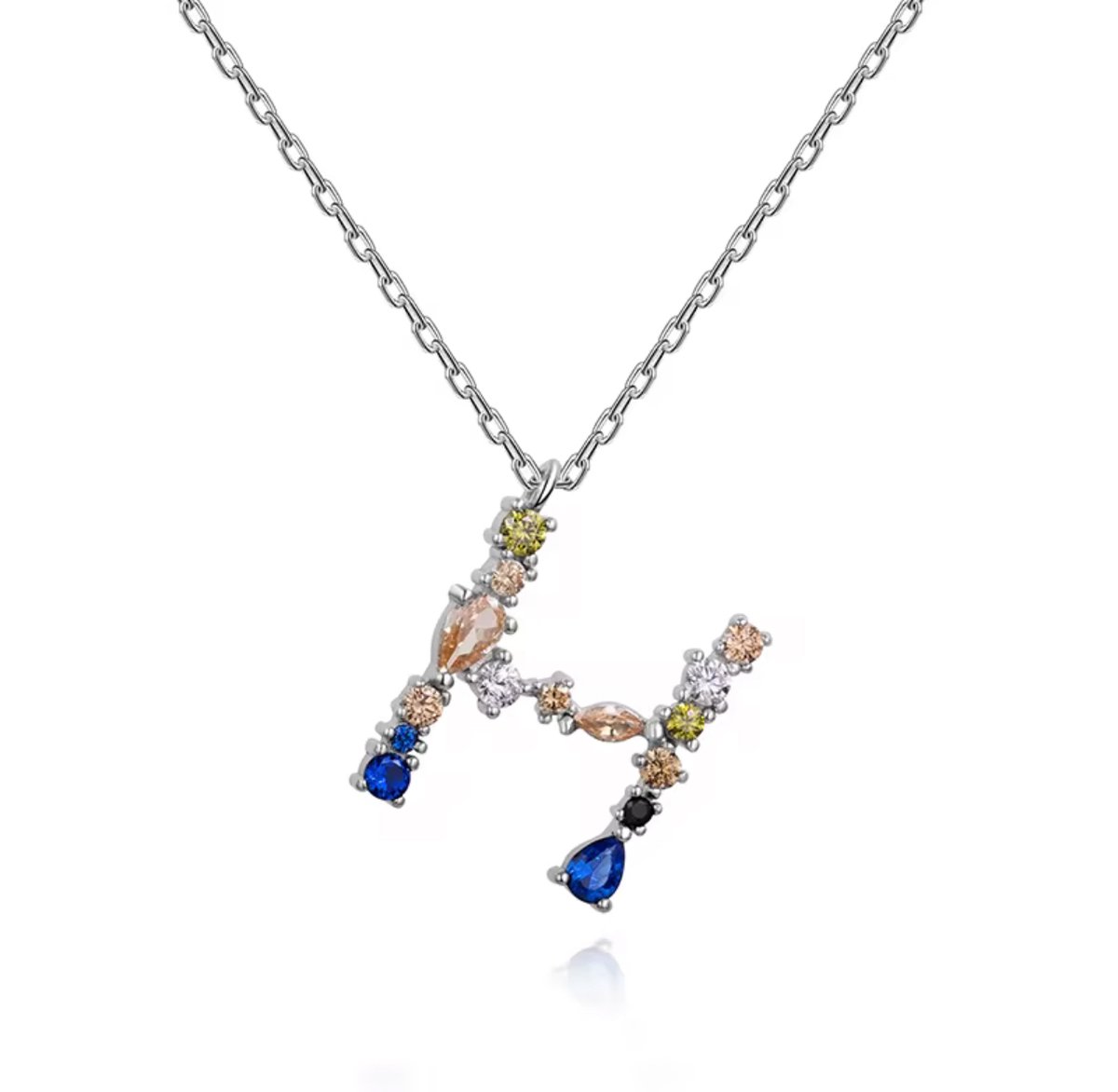 Zilveren Letter H Collier – 925 Sterling Zilver met Multikleur Zirconia – Dames Ketting met Initialen
