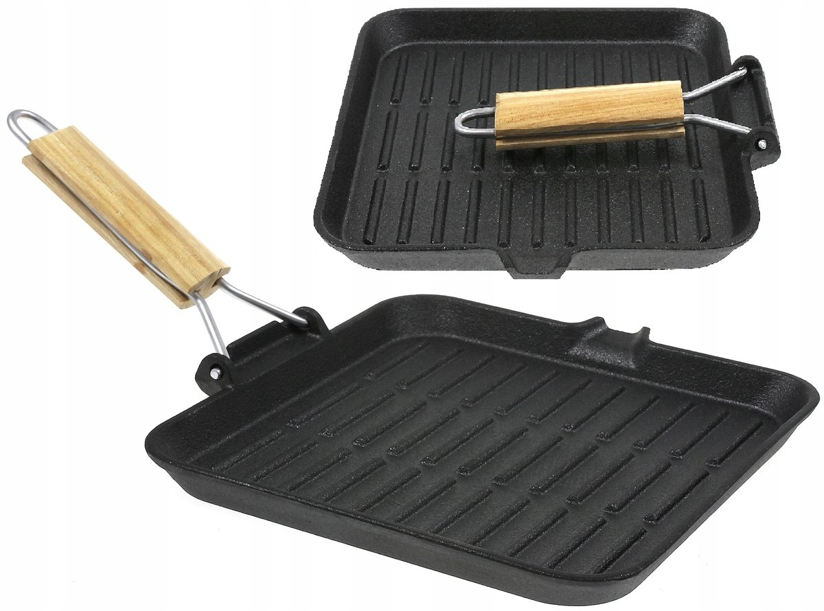 Krisberg Grillpan Gietijzer 24x24cm Vierkant met Opvouwbaar Handvat