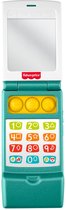 Een turkooizen Fisher-Price klaptelefoon met een spiegel, gele knoppen en kleurrijke cijfertoetsen.