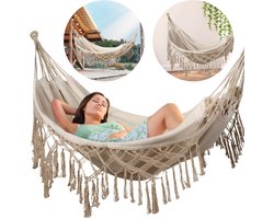 Luverno® Hangmat XXL - 200x150 cm, tot 200kg - Boho Katoenen Hangmat voor Buiten, Tuin, Balkon - voor Kinderen en Volwassenen