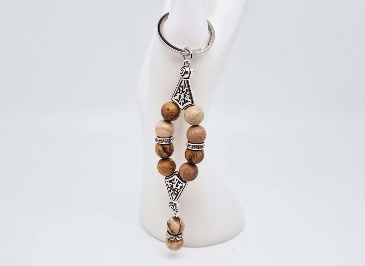 Handgemaakte Harmony Sleutelhanger van natuursteen "Picture Jasper" en metaal - diameter kralen 10mm - Aantal stenen10- Een mooi cadeau-idee en een bijzonder aandenken