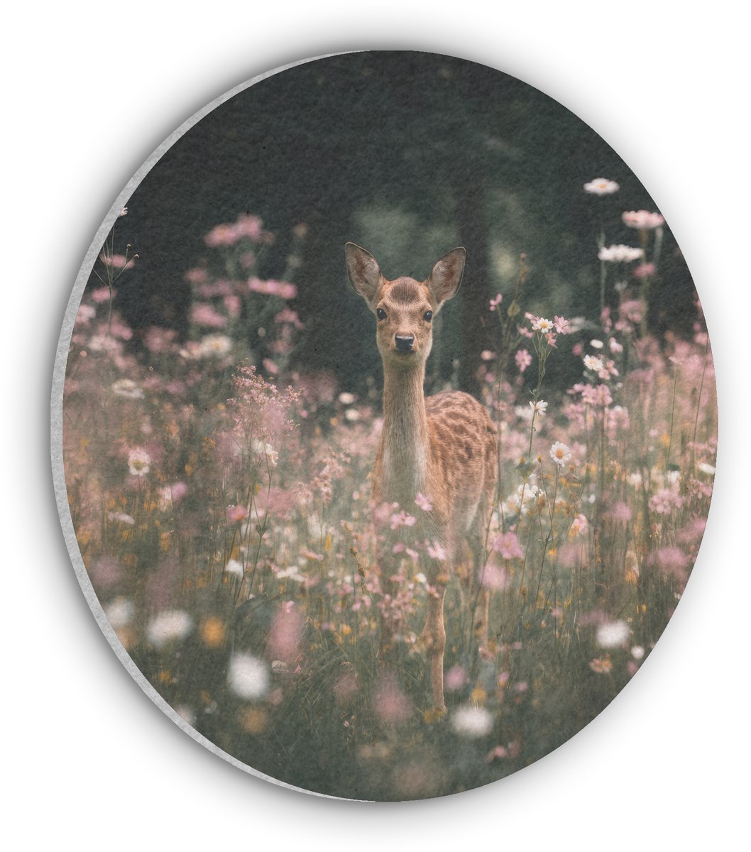 Akoestisch wandpaneel rond 90x90 cm - Vilt schilderij Hert - Wilde bloemen - Bos - Ronde akoestische panelen - Geluidsdempende wanddecoratie - Geluidsisolatie wandcirkel - Muurdecoratie geluidspanelen