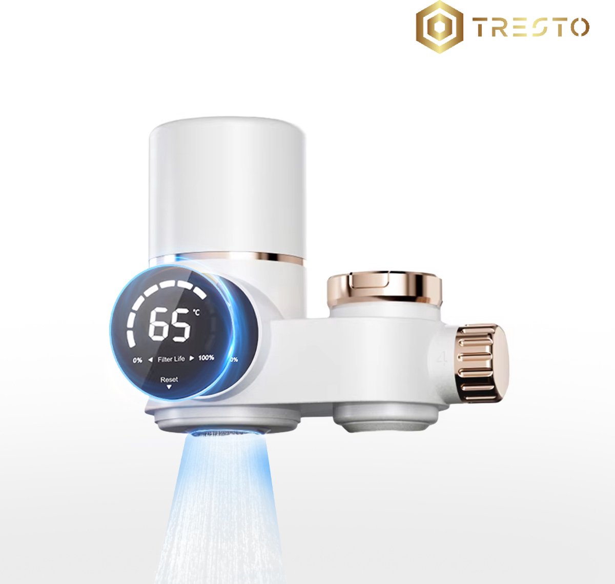 TRESTO - Kraan Waterfilter - Keukenkraan Filter - Waterfilter Waterzuivering - Waterzuiveraar Kraanwater - Met Filter - Wit/goud