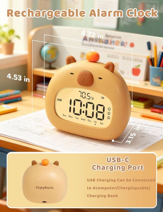 Kinderwekker met nachtlampje, oplaadbaar, luide wekker, schattige kawaii digitale wekker voor de slaapkamer, snoozefunctie, 3 alarmen — afbeelding 4