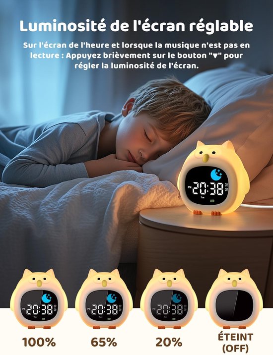 Kinderwekker Educatieve dag/nacht 2 alarmen/12/24 uur/snooze Verstelbare schermhelderheid Nachtlampje 7 kleuren Digitaal ochtendalarm 10 liedjes Automatisch uitschakelen — afbeelding 4
