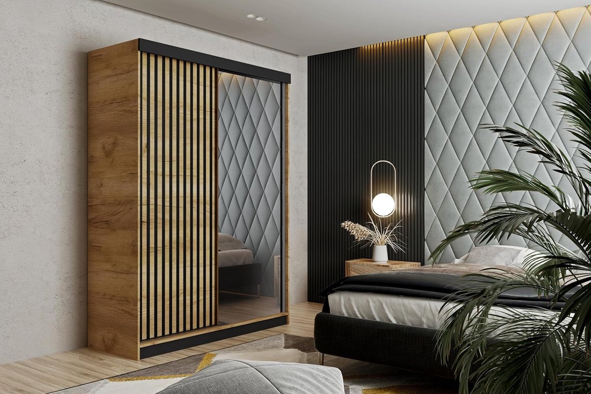 Moderne Multifunctionele Schuifdeurkast MALANI 138 cm – Elegante Kledingkast met Spiegel, Groot Opbergmeubel voor Woonkamer en Slaapkamer, Eiken Craft Gold, 138x205x59 cm