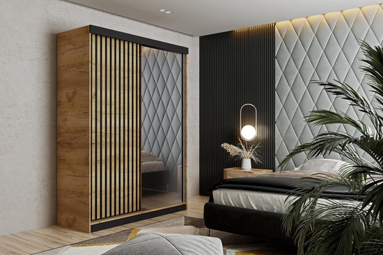 Foto: Moderne multifunctionele schuifdeurkast malani 138 cm elegante kledingkast met spiegel groot opbergmeubel voor woonkamer en slaapkamer eiken craft gold 138x205x59 cm