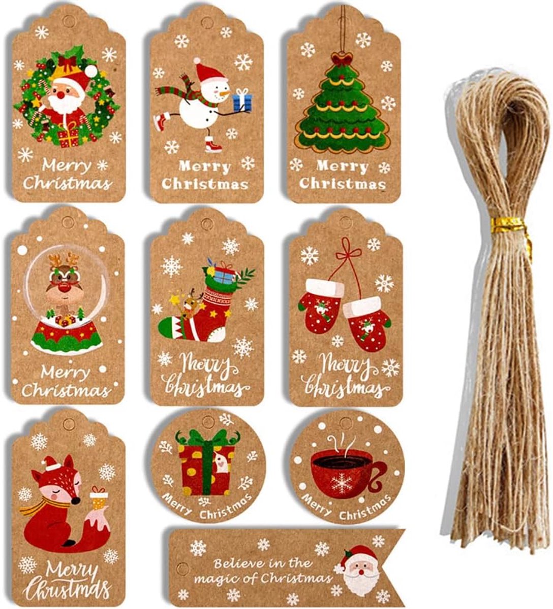 Kerstversiering - Kerstcadeaulabels - Kerstboomversieringen - 50 stuks - 10 ontwerp kraftpapier kerstlabels - met 50 stuks jute touw - Pop-up wenskaarten - hangtags - Decoratieve hangtags - voor cadeau - kerstboomdecoratie