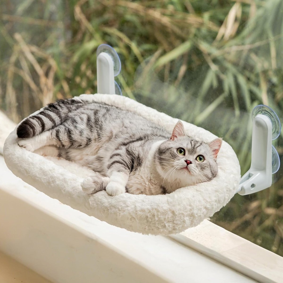 Premium roze fluwelen kattenhangmat voor in het raam- ideaal om te loungen en te zonnebaden – Opvouwbare kattenhangmat 30 x 52 cm met omkeerbare hoes- stevig metalen frame- belastbaar tot 15 kg- gebroken wit