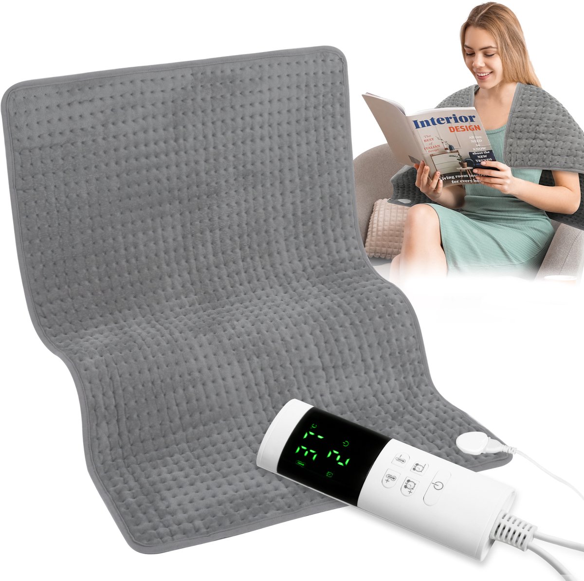 Elektrisch Warmtekussen 40x80 cm - Ultralang Timer 1-12 Uur - Slimme Temperatuurregeling 25-55°C - Snel Opwarmend & Oververhittingsbeveiliging - Wasbaar - LCD - Grijs