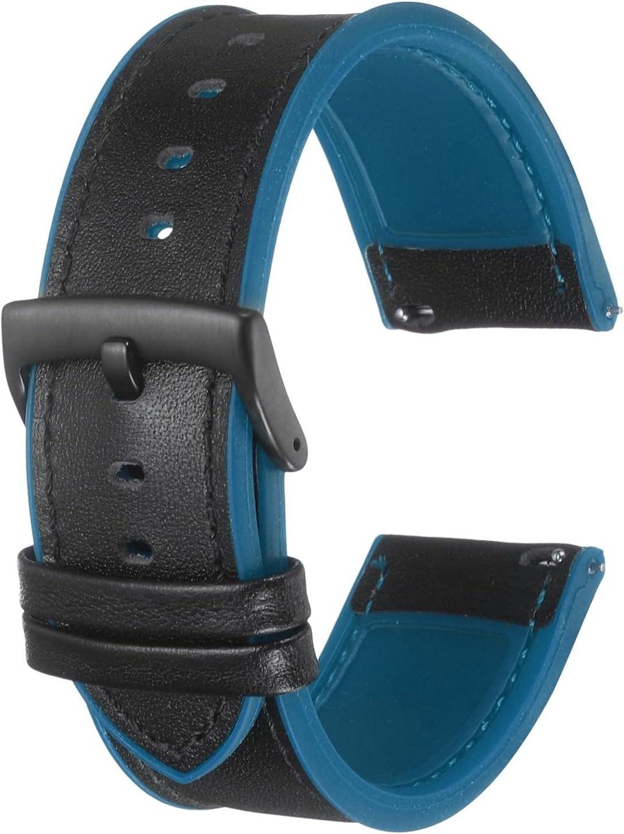 Leren Horlogeband 24mm Zwart-blauw Waterdicht Siliconen Voering