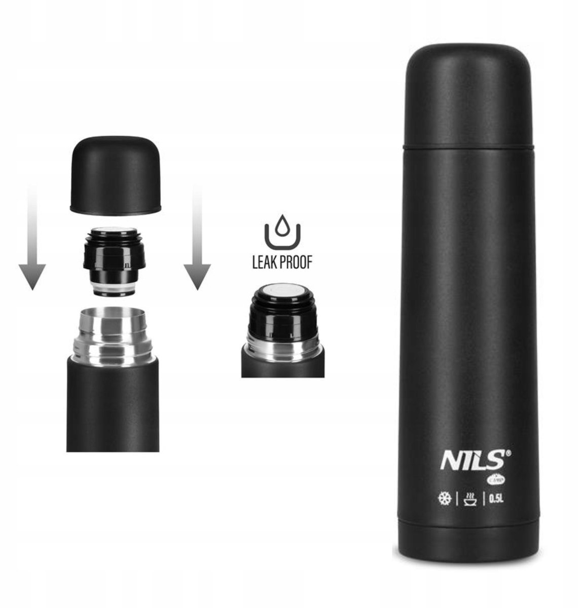 Nils Camp NC3803 Thermos 0.5L Zwart - RVS, Dubbelwandig, Lekvrij