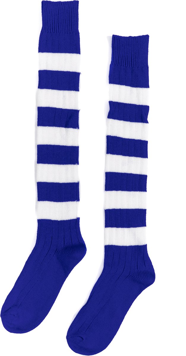 KIMU® Gebreide Lange Sokken Blauw Wit Gestreept - 39-46 - Gebreid Carnaval Limburg Dikke Strepen Festival