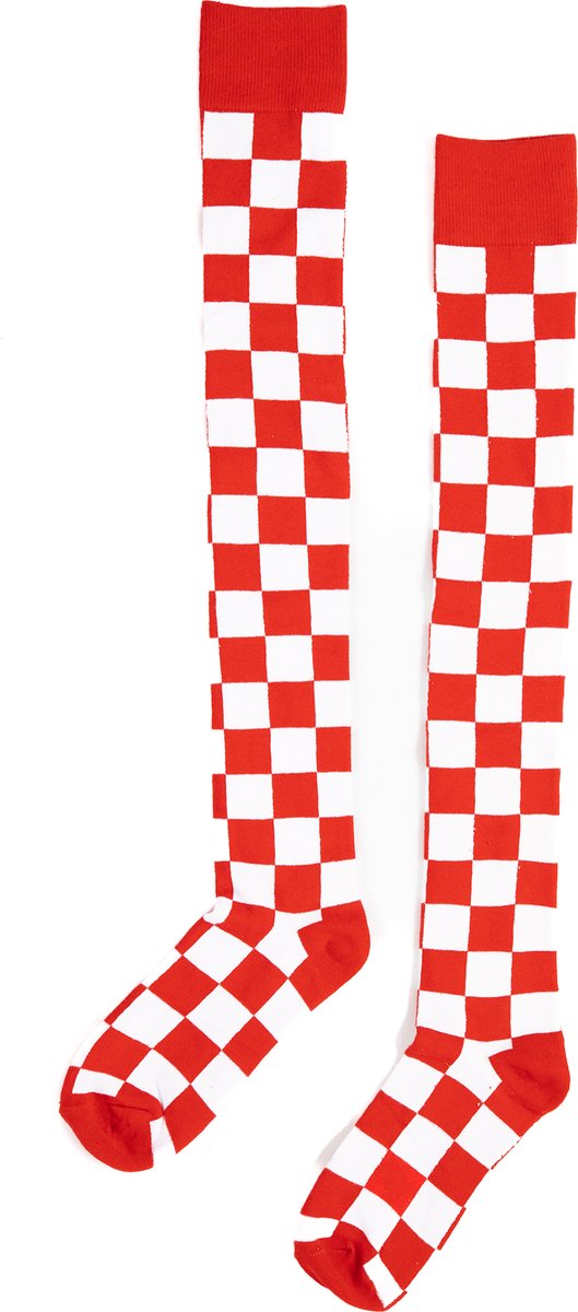 KIMU® Lange Sokken Rood Wit Geblokt - 36-44 - Kniekousen Carnaval Brabant Festival