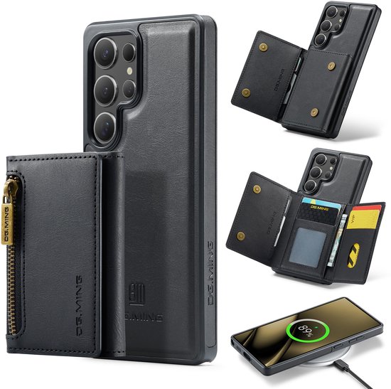 Zwarte, leren telefoonhoes met afneembare portemonnee met ritssluiting en drukknopen. Ondersteunt draadloos opladen.
