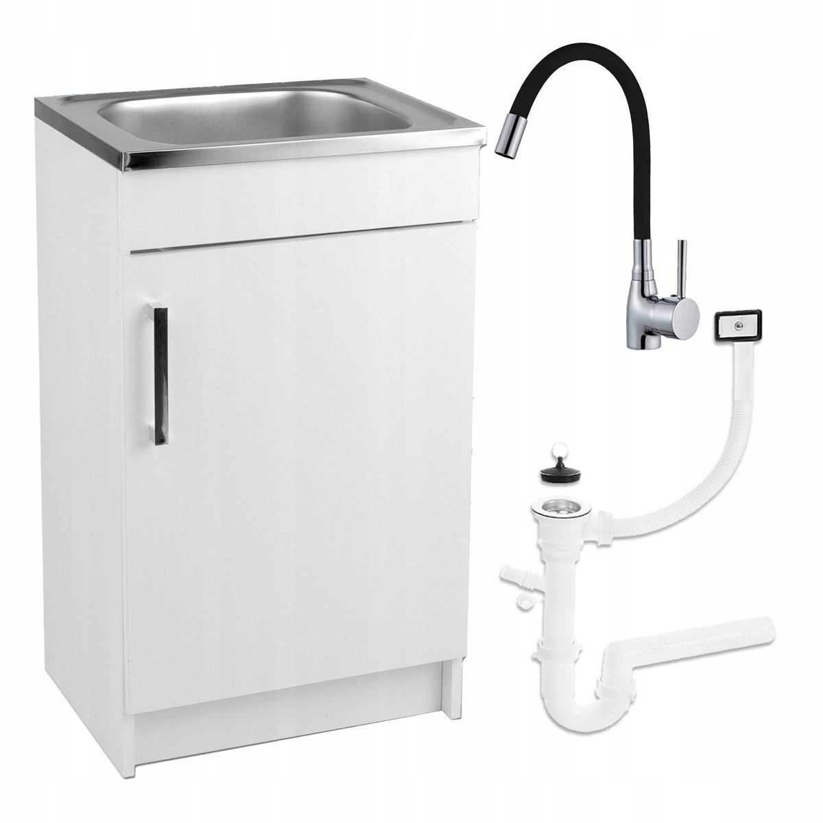 STAMAR Keukenonderkast 50 cm met 1-baks RVS spoelbak, zwarte keukenkraan en sifon - mat wit