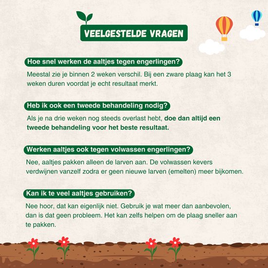 Uitleg over het gebruik van aaltjes tegen engerlingen. Met afbeeldingen van bloemen, luchtballonnen en een illustratie van grond.