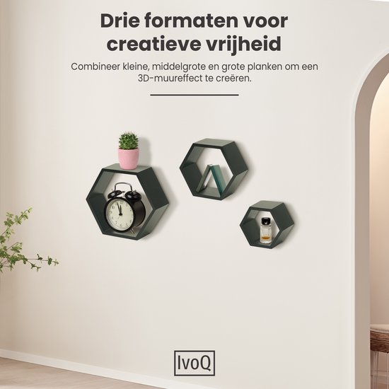 COM-FOUR® Hexagon wandplank van metaal en hout met 3 planken - Zwarte zwevende plank in industrieel design - Zeshoekige hangplank als wanddecoratie (bruin zwart