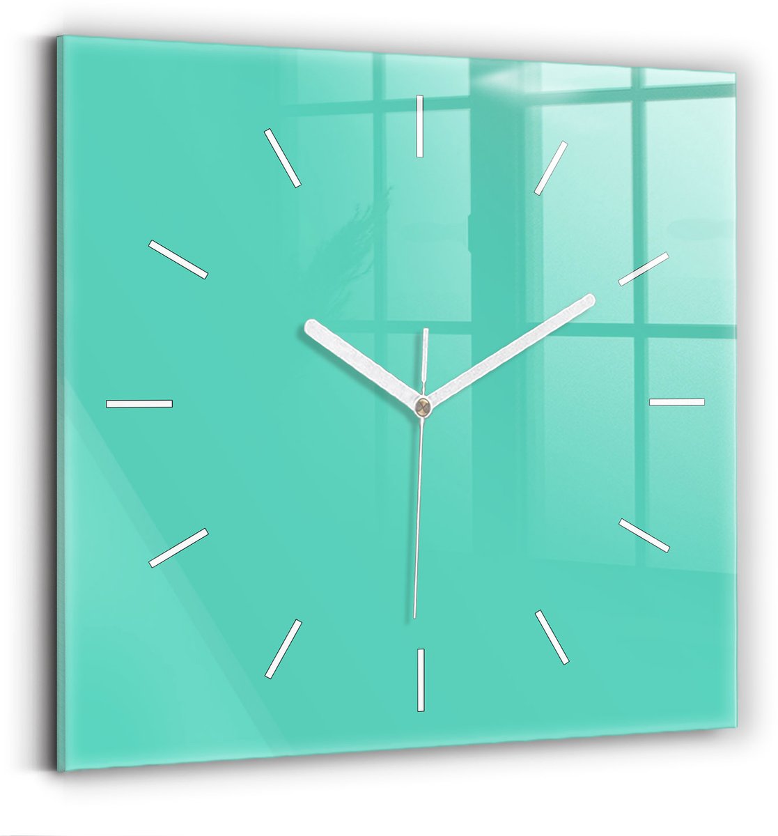 Wallfluent Wandklok - Turkoois Vierkante Glazen Wandklok - 30 cm x 30 cm - Turkoois Wandklok - Witte Handen - Wandklok Zonder Cijfers - Wandklok Glas Woonkamer - Vierkante Glas Klok - Scandinavisch Wandklok - Vierkante Glazen Klok